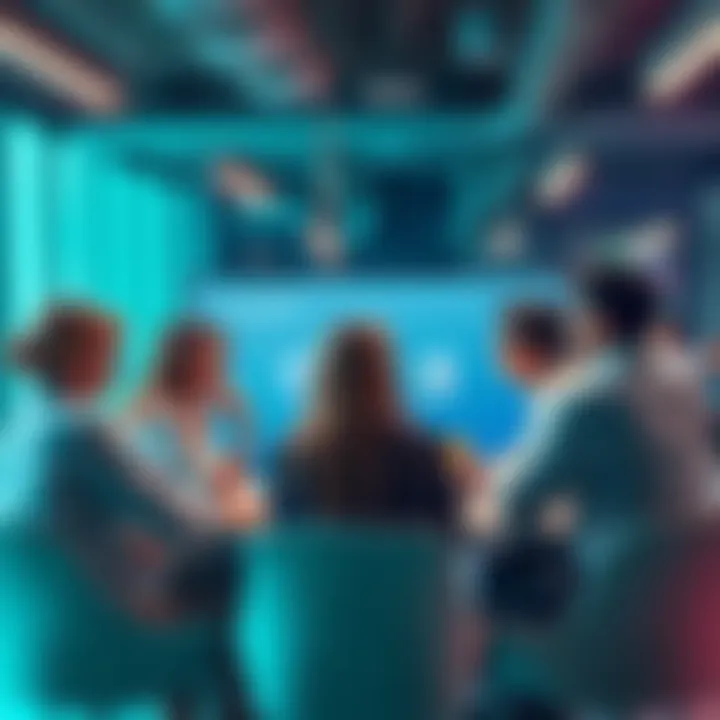 A group of people discussing in a modern office setting, focusing on HR roles and team dynamics at Revolut.