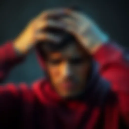 A person holding their head in distress, illustrating emotional and physical pain, with a thoughtful expression on their face