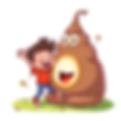 A cartoon-style character joyfully engaging with a Poopring, showcasing its playful and quirky nature. Bright colors and humorous elements highlight the trend's lightheartedness.