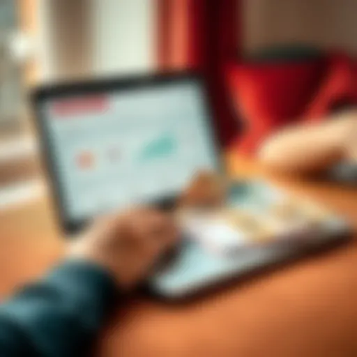 A person comparing different banking options on a laptop with Hungarian currency next to them.