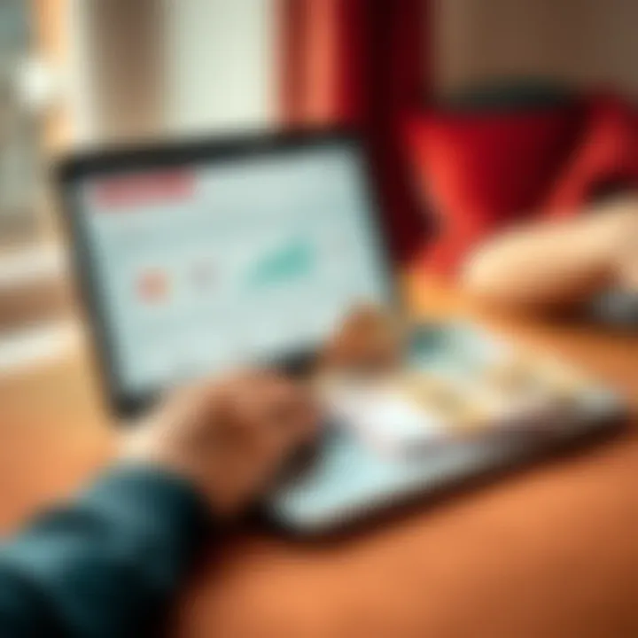 A person comparing different banking options on a laptop with Hungarian currency next to them.