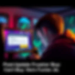 A frustrated gamer looking at the screen while trying to buy the Hunter skin, with a warning message displayed about a recent update.