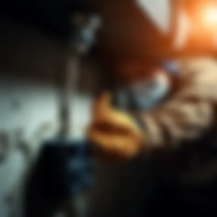 A worker applying hydraulic cement to seal a water leak in a basement sleeve