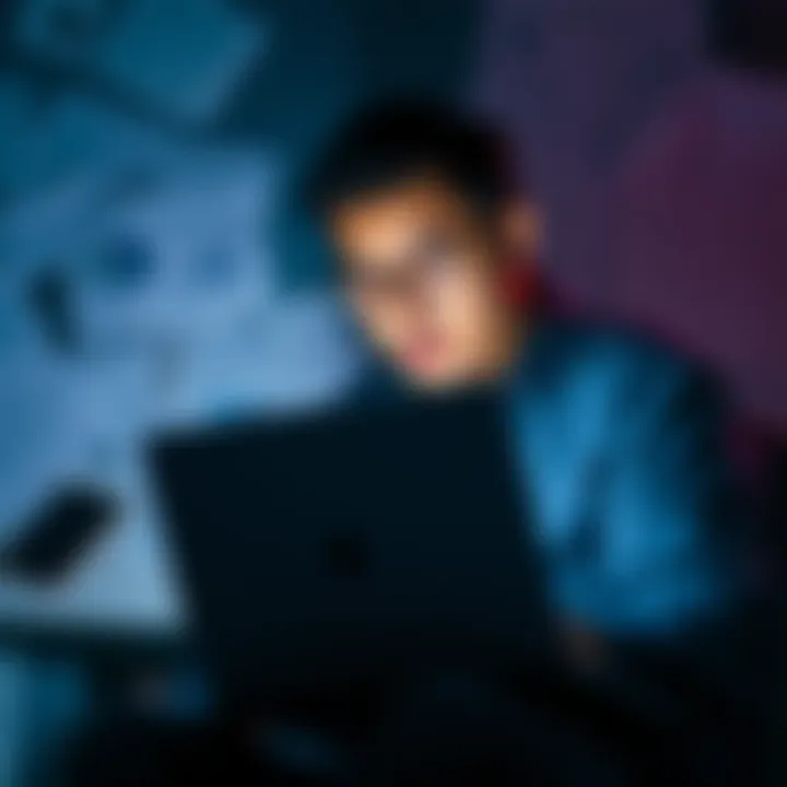 Individual holding a laptop, looking determined as they search for proof of their identity as Satoshi Nakamoto, surrounded by papers and digital devices.