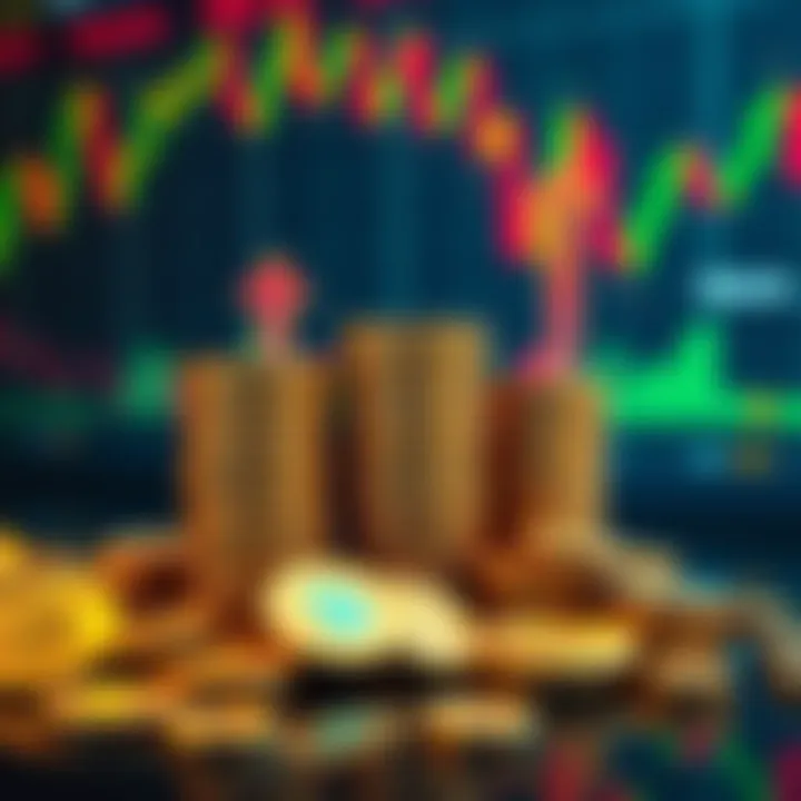 Stacks of coins representing idle stablecoins, with arrows indicating potential growth and yield access changes. A background of financial charts suggests market activity.