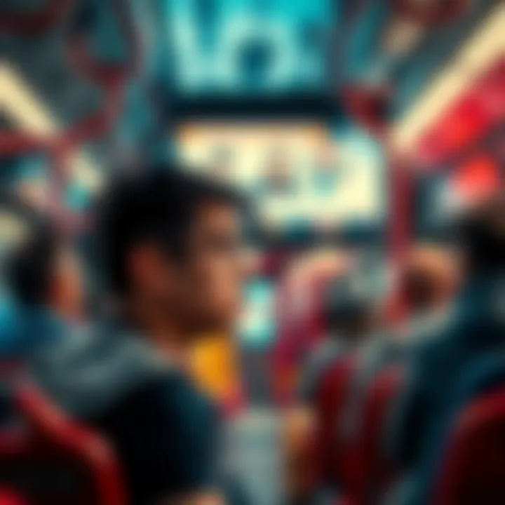 A commuter looking frustrated at inappropriate ads displayed on a bus screen during their ride. The scene captures a busy bus interior with passengers and advertisements in the background.