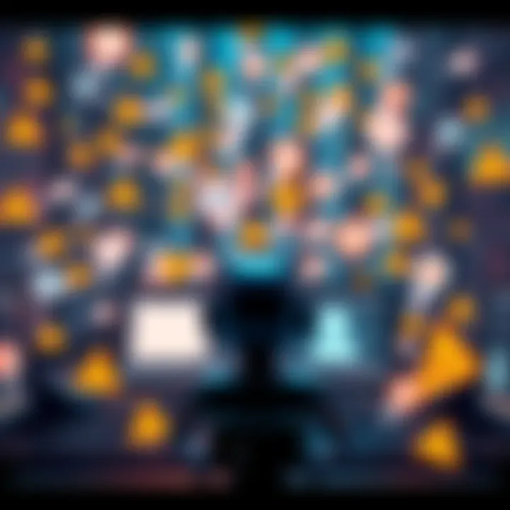 A visual representation showing numerous bot icons flooding across digital screens, symbolizing the rise in automated posts about the altcoin 401jk, with warning signs indicating potential scams.