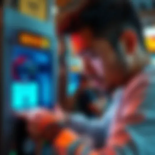 A person examining an indoor hotspot miner device with a concerned expression, showing no HNT rewards on the screen.