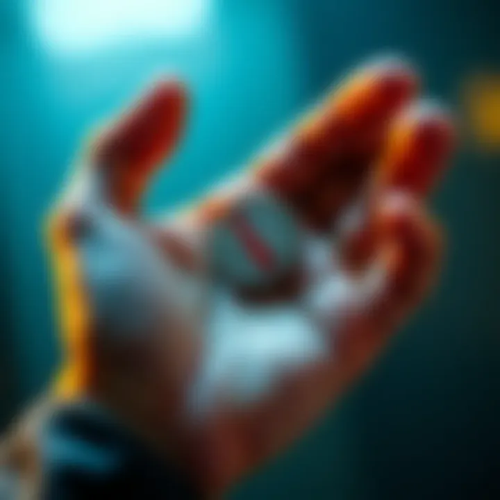 A person showing an injured hand while holding a coin they tried to clean
