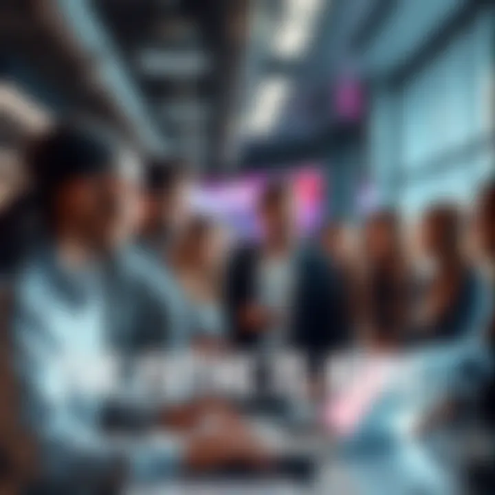 A group of diverse people discussing the latest technology innovations in a modern office space.