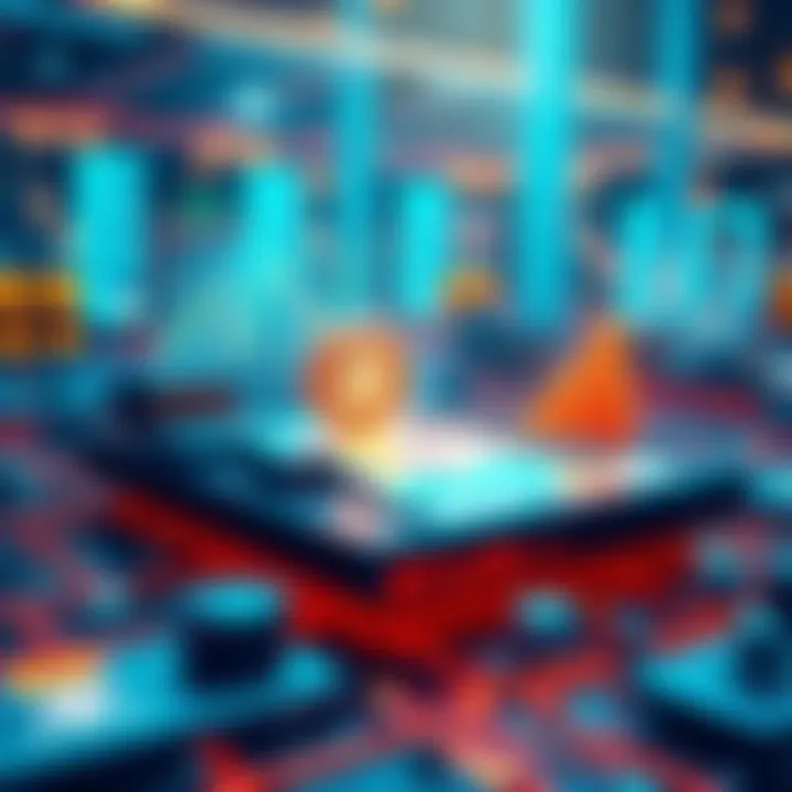 Illustration of a DeFi platform showcasing options and futures without liquidation risk, featuring graphs and digital assets.