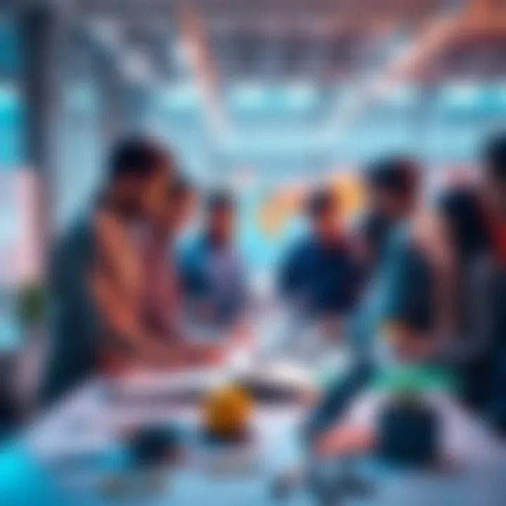 A group of people collaborating on innovative projects, discussing ideas and sharing information about a submission link in a bright workspace.