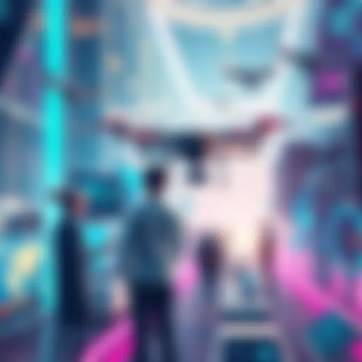 A futuristic scene showcasing various tech innovations like drones, smart devices, and AI interfaces with people interacting with them.