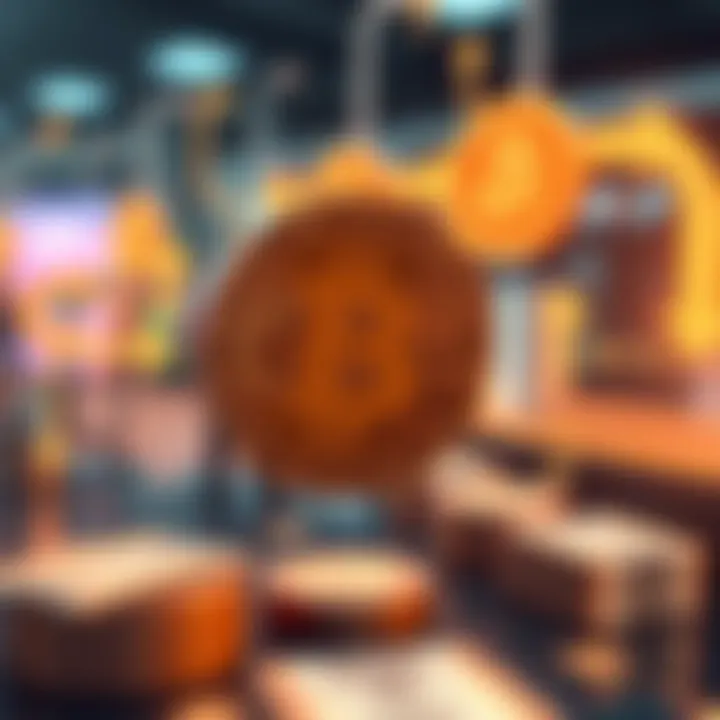 A digital representation of Bitcoin transactions being processed instantly for merchants, showing cash flow and reduced risk, with symbols of USDC and fast transaction arrows.