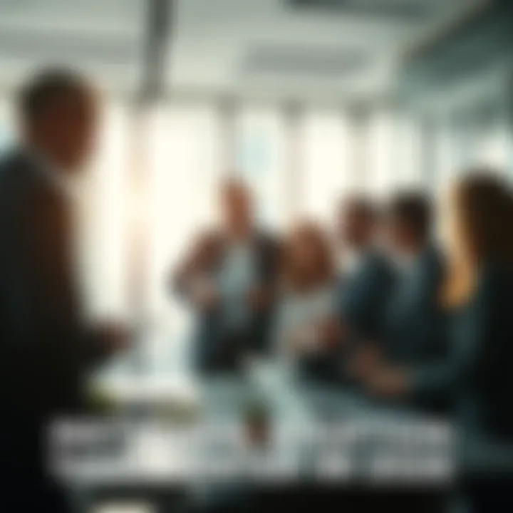 Business professionals discussing strategies for institutional adoption in a modern office setting