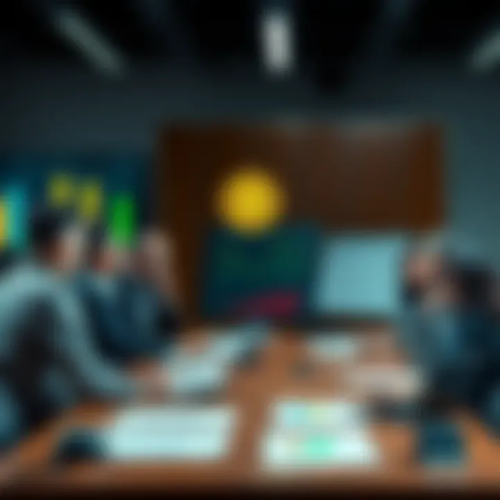 A group of diverse institutional investors discussing Bitcoin trends around a conference table, with charts and reports on display.