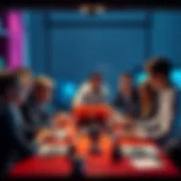 Group of diverse institutional investors discussing cryptocurrency trends and regulations around a table with laptops and charts.