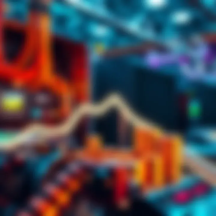 A graphic showing a downward trend line representing financial loss, with visuals of AI technology and mining equipment; highlighting the shift from mining to AI investments.