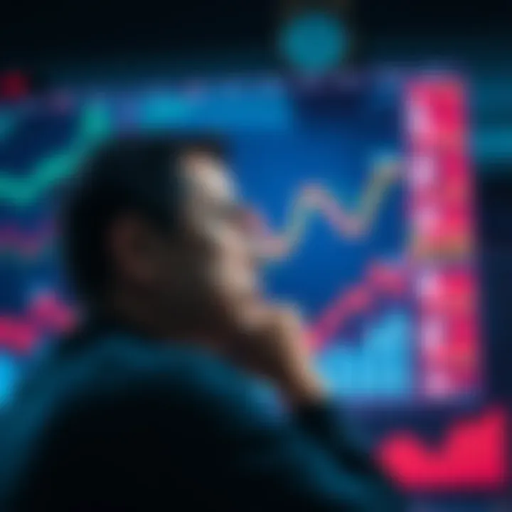 A person contemplating insurance options to protect digital finance investments, with charts and graphs in the background.
