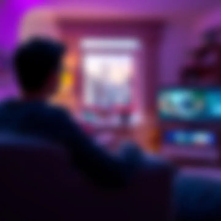 A person sitting in a cozy living room, focused on a screen while engaging with content, indicating intentional viewing habits