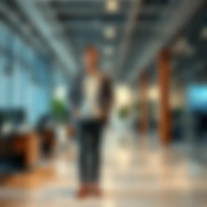 A young intern stands in a modern office wearing a fashionable outfit suitable for work, showcasing a blend of professionalism and trendiness.