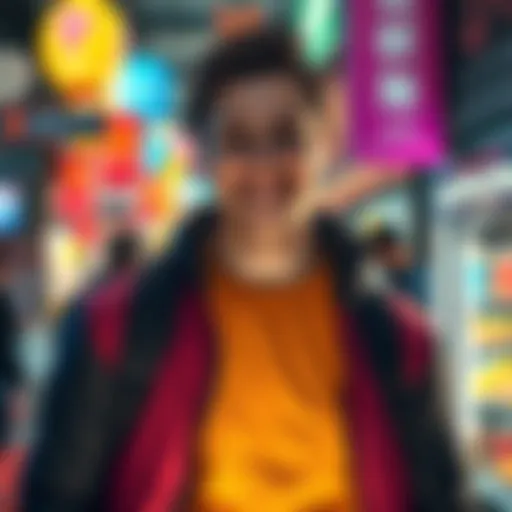 An excited intern ready to contribute to W2E events, surrounded by a vibrant marketplace atmosphere.