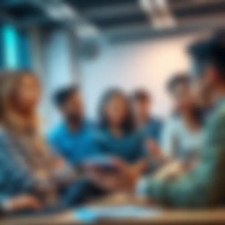 A group of international students discussing cryptocurrency and taxes in a classroom setting