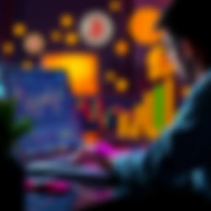 A person analyzing cryptocurrency charts on a laptop with digital coins in the background
