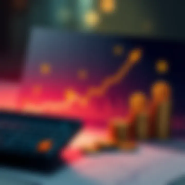 A graph showing a steady upward trend in investment over time with dollar symbols and a calculator nearby, symbolizing dollar-cost averaging in investing.