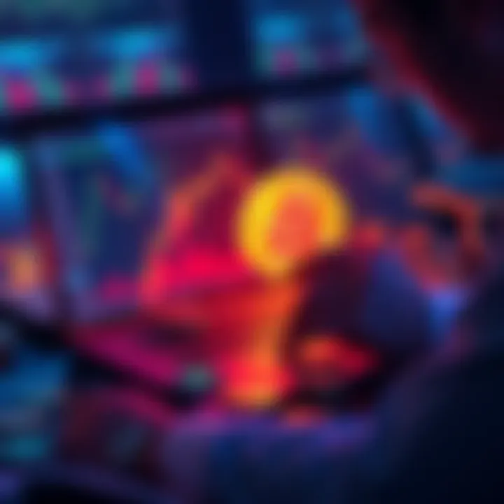 A person analyzing Bitcoin, Solana, and Chainlink charts on a laptop with crypto coins scattered around.