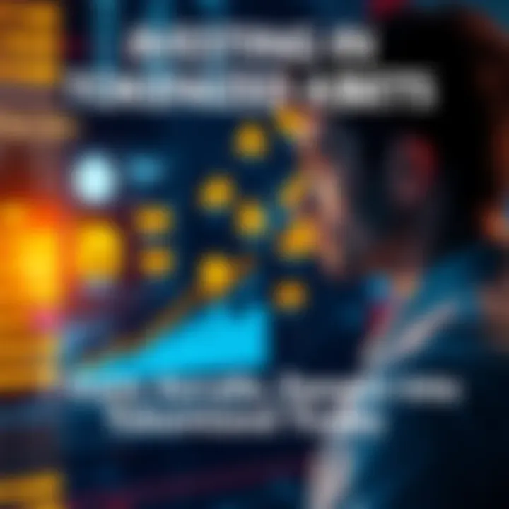 A person looking at a digital screen displaying various tokenized assets like real estate, gold, and oil, with a graph showing growth.