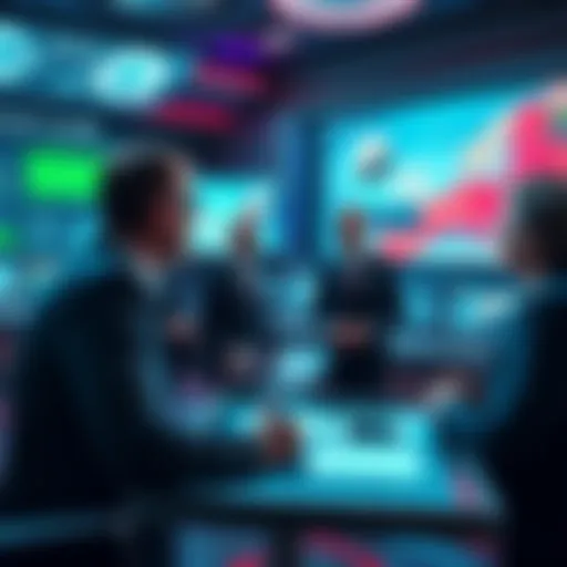 A futuristic setting showing a group of investors analyzing new projects related to alien worlds with digital screens displaying various data and graphics.
