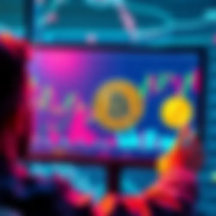 A person analyzing cryptocurrency charts with Bitcoin and altcoin symbols like Ethereum and Solana on the screen.