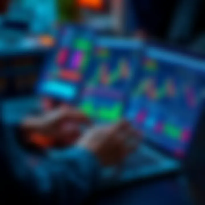 A person analyzing stock charts and graphs on a laptop at 10 AM EST, illustrating dollar-cost averaging strategy.