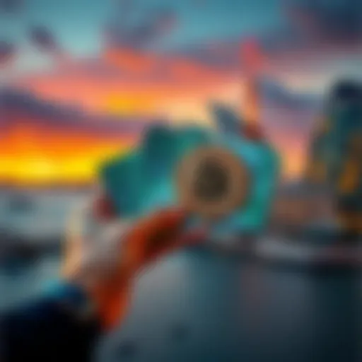 A person holding cash and a Bitcoin symbol with Australian landmarks in the background