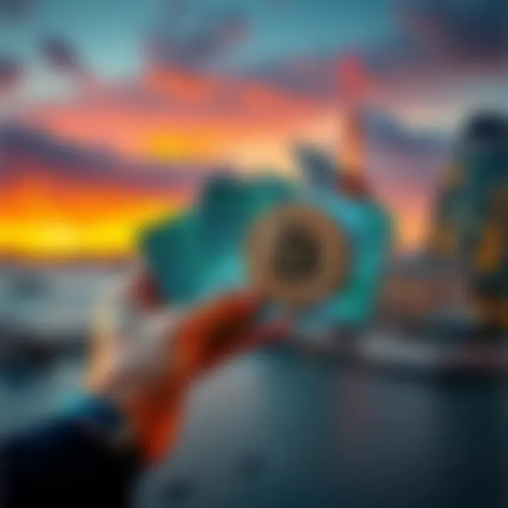 A person holding cash and a Bitcoin symbol with Australian landmarks in the background