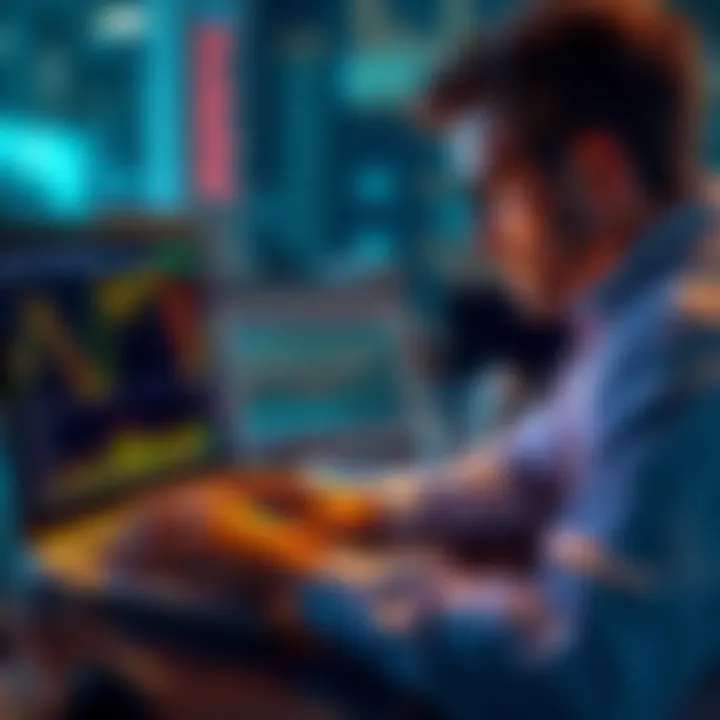 A person looking at Bitcoin charts on a laptop, considering dollar cost averaging for monthly investments