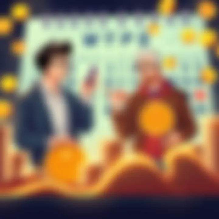 An illustration showing two investment methods for Bitcoin: one person investing a lump sum and another person using a dollar-cost averaging strategy with a calendar and coins in the background.