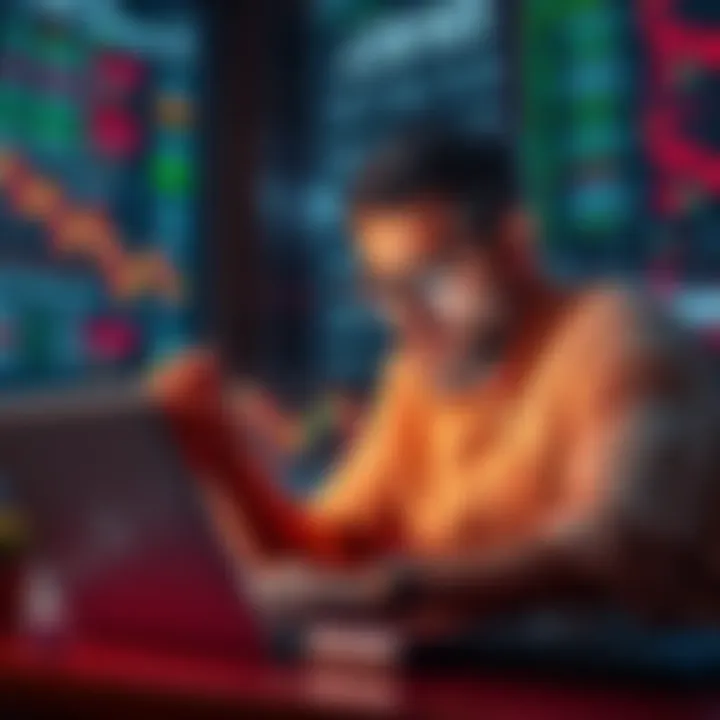 Investing in Financial Markets A worried investor looking at stock market charts on a laptop, contemplating buying the dip in investments.