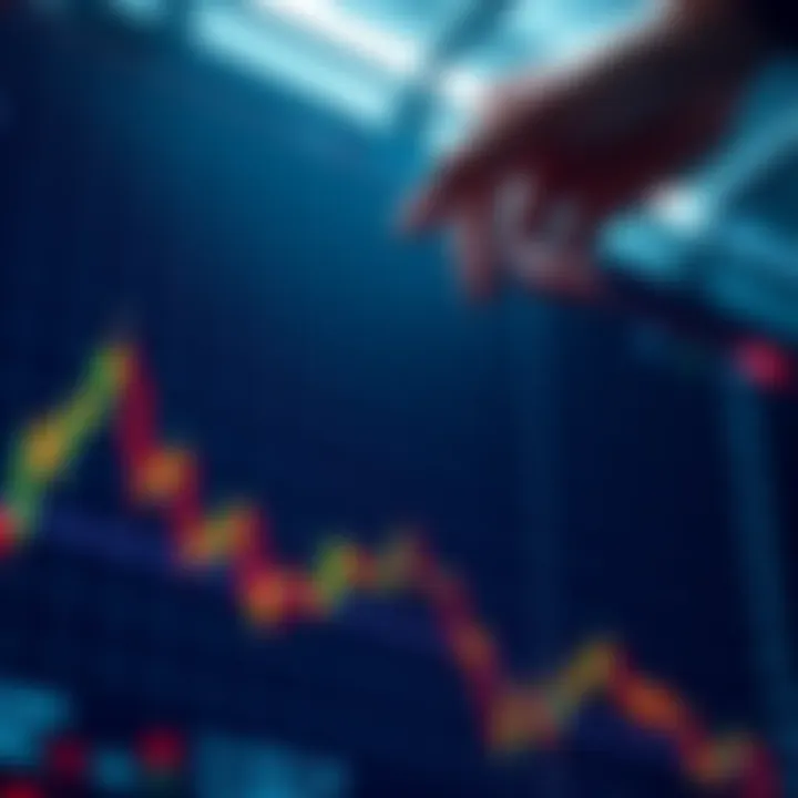 A stock market graph showing a downward trend with a hand reaching to buy shares, symbolizing the buying the dip strategy.