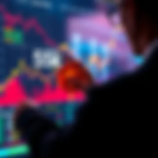 Person looking at a digital chart showing the price of Algos at 55k, considering whether to buy more or hold, with graphs indicating potential growth.