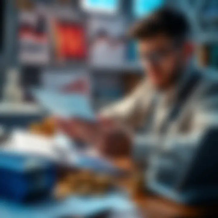 A person reviewing financial documents and graphs, surrounded by stacks of coins and investment books.