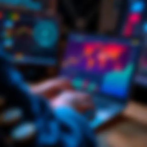 A person analyzing financial charts and graphs related to DeFi strategies on a laptop, with digital coins visible on the screen.