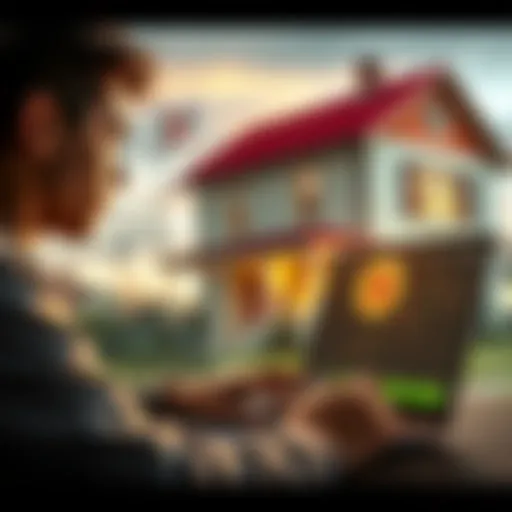 A young person looking at a Bitcoin chart on a laptop, with a house in the background symbolizing past investment opportunities.