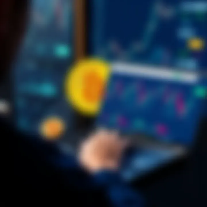 A person contemplating investment options for 1 million euros in Bitcoin, featuring a laptop displaying cryptocurrency charts and a Bitcoin logo.