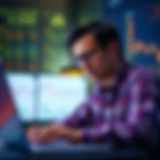 A person considering a 5000 euro deposit for crypto yields, looking at digital currency charts on a laptop with a concerned expression.