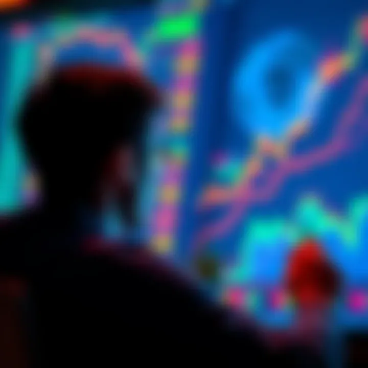 A person looking at rising cryptocurrency charts with excitement and concern, representing investment decisions in uncertain markets.