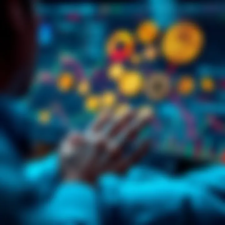 Investing in Cryptocurrency Coins A person analyzing various cryptocurrency coins on a digital display with charts and graphs.