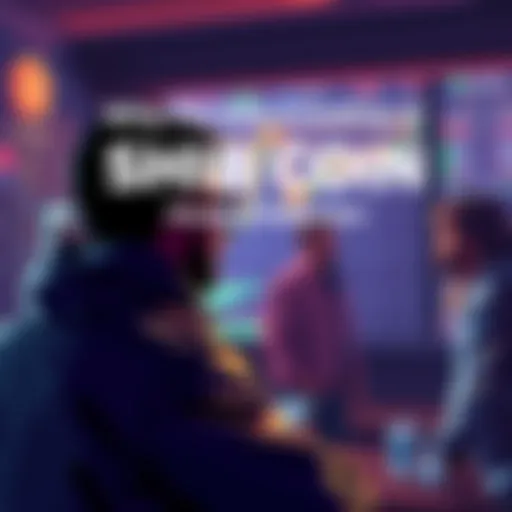 A person looking at SHIB coin charts and discussing with a group of friends about cryptocurrency investment strategies