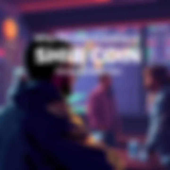 A person looking at SHIB coin charts and discussing with a group of friends about cryptocurrency investment strategies